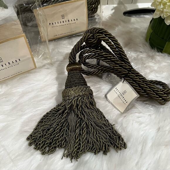 NEW Pottery Barn Seville Set 2 Tassel Drapery Tie Back + Hook Lichen Green NWT - Picture 10 of 15